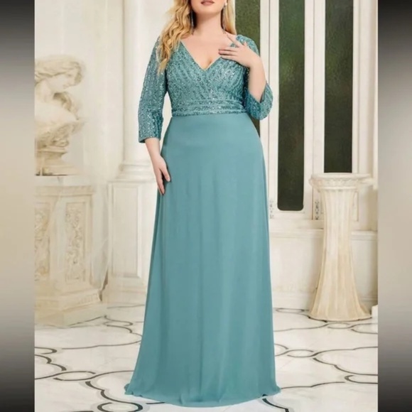 Plus sequin 3/4 sleeve Formal Prom Evening Party Wedding Dress - Picture 2 of 4